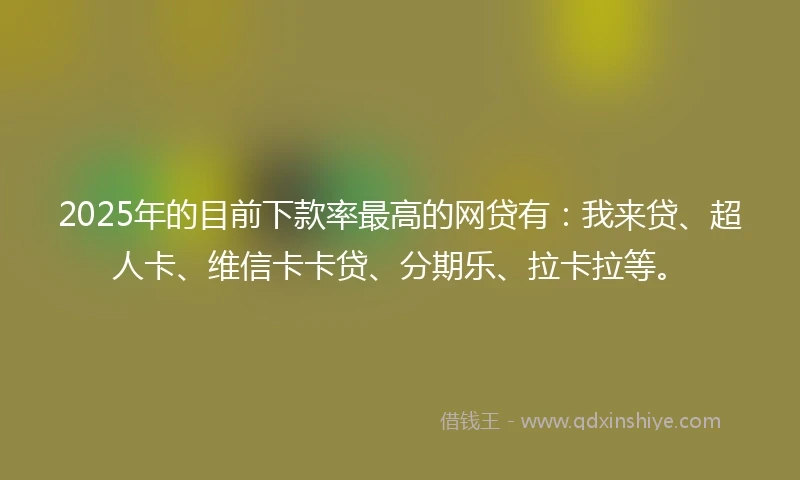 2025年的目前下款率最高的网贷有：我来贷、超人卡、维信卡卡贷、分期乐、拉卡拉等。