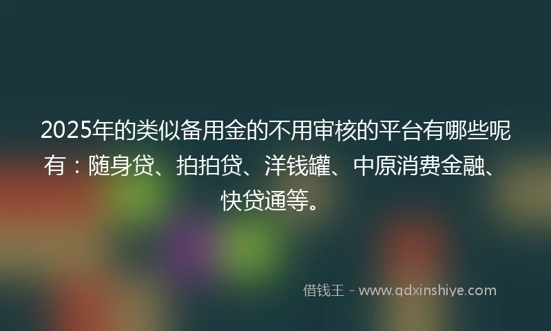 2025年的类似备用金的不用审核的平台有哪些呢有：随身贷、拍拍贷、洋钱罐、中原消费金融、快贷通等。