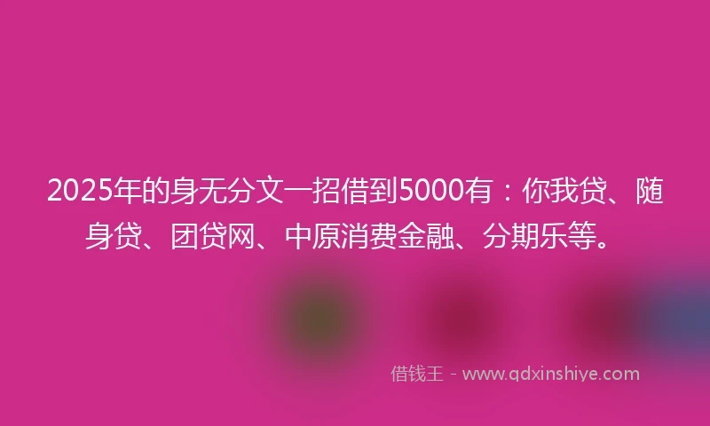 2025年的身无分文一招借到5000有：你我贷、随身贷、团贷网、中原消费金融、分期乐等。