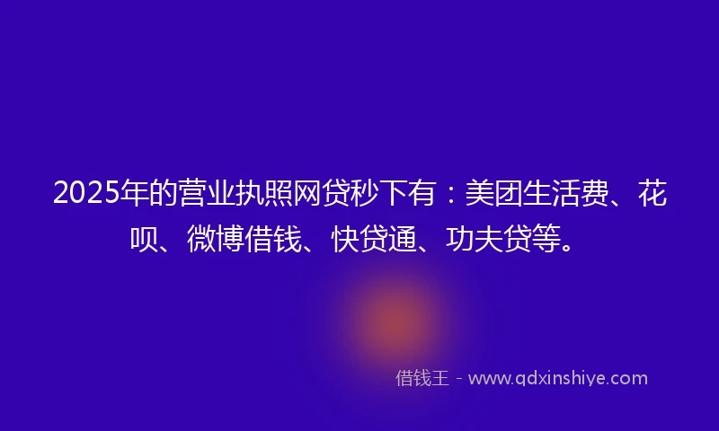 2025年的营业执照网贷秒下有：美团生活费、花呗、微博借钱、快贷通、功夫贷等。