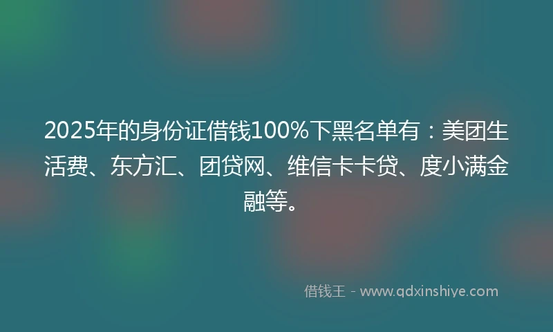 2025年的身份证借钱100%下黑名单有：美团生活费、东方汇、团贷网、维信卡卡贷、度小满金融等。