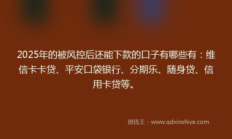 2025年的被风控后还能下款的口子有哪些有:维信卡卡贷、平安口袋银行、分期乐、随身贷、信用卡贷等。