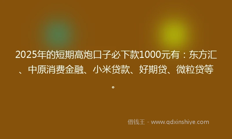 2025年的短期高炮口子必下款1000元有：东方汇、中原消费金融、小米贷款、好期贷、微粒贷等。