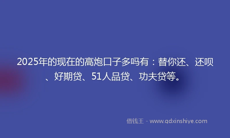2025年的现在的高炮口子多吗有：替你还、还呗、好期贷、51人品贷、功夫贷等。