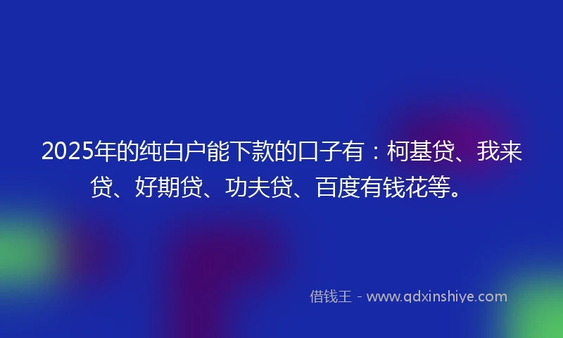 2025年的纯白户能下款的口子有：柯基贷、我来贷、好期贷、功夫贷、百度有钱花等。