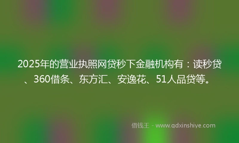 2025年的营业执照网贷秒下金融机构有:读秒贷、360借条、东方汇、安逸花、51人品贷等。
