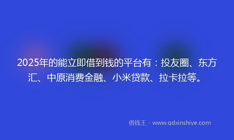 2025年的能立即借到钱的平台有：投友圈、东方汇、中原消费金融、小米贷款、拉卡拉等。