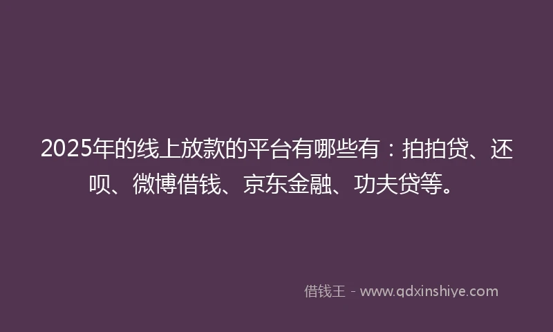 2025年的线上放款的平台有哪些有：拍拍贷、还呗、微博借钱、京东金融、功夫贷等。