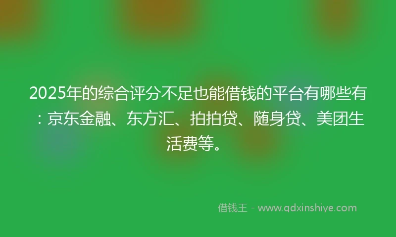 2025年的综合评分不足也能借钱的平台有哪些有：京东金融、东方汇、拍拍贷、随身贷、美团生活费等。