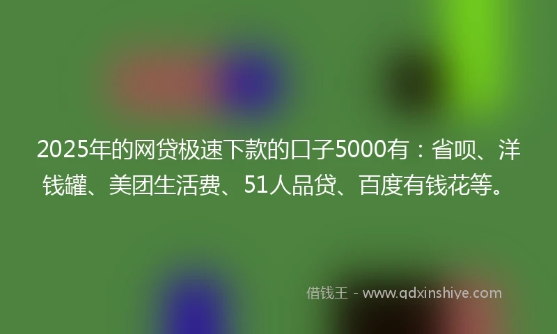 2025年的网贷极速下款的口子5000有：省呗、洋钱罐、美团生活费、51人品贷、百度有钱花等。