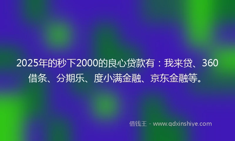 2025年的秒下2000的良心贷款有：我来贷、360借条、分期乐、度小满金融、京东金融等。