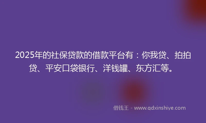 2025年的社保贷款的借款平台有：你我贷、拍拍贷、平安口袋银行、洋钱罐、东方汇等。