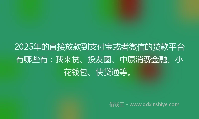 2025年的直接放款到支付宝或者微信的贷款平台有哪些有：我来贷、投友圈、中原消费金融、小花钱包、快贷通等。