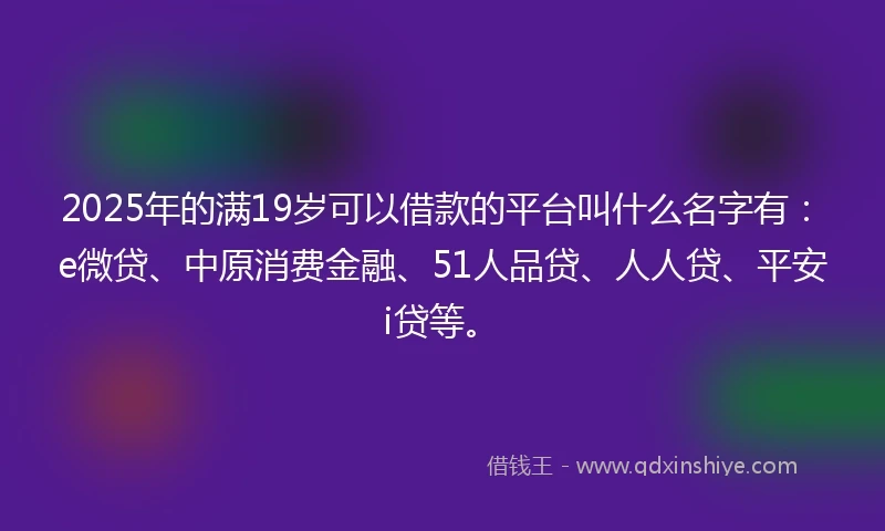 2025年的满19岁可以借款的平台叫什么名字有：e微贷、中原消费金融、51人品贷、人人贷、平安i贷等。