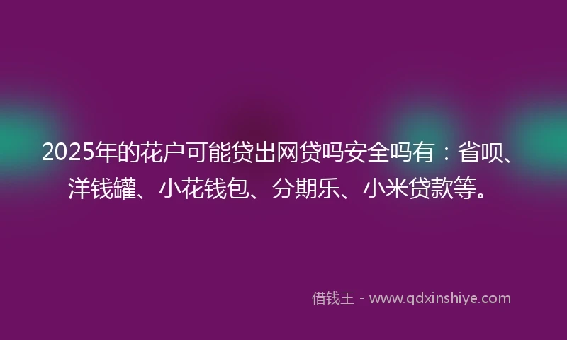 2025年的花户可能贷出网贷吗安全吗有：省呗、洋钱罐、小花钱包、分期乐、小米贷款等。