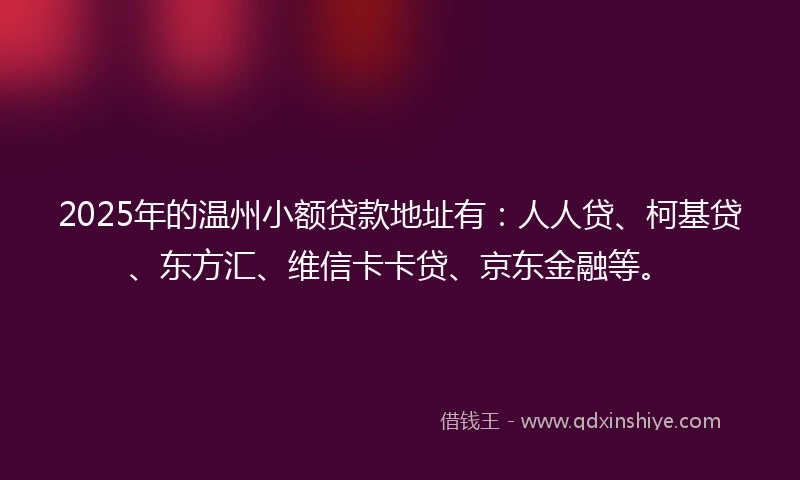 2025年的温州小额贷款地址有：人人贷、柯基贷、东方汇、维信卡卡贷、京东金融等。