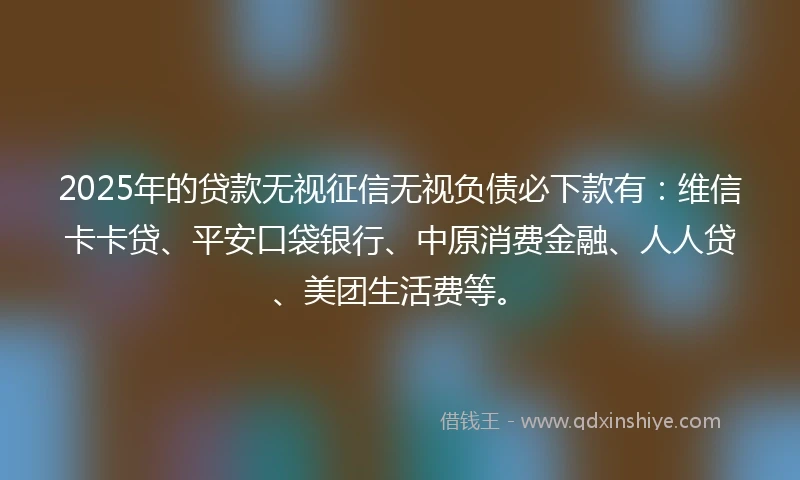 2025年的贷款无视征信无视负债必下款有：维信卡卡贷、平安口袋银行、中原消费金融、人人贷、美团生活费等。