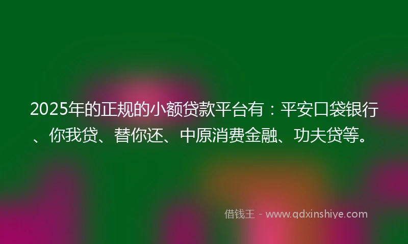 2025年的正规的小额贷款平台有：平安口袋银行、你我贷、替你还、中原消费金融、功夫贷等。