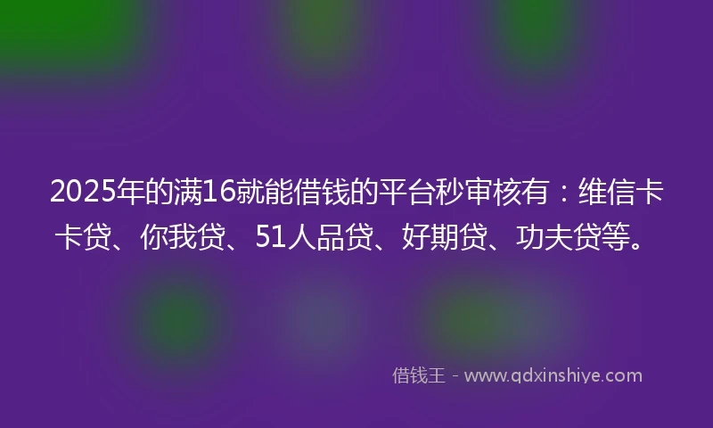 2025年的满16就能借钱的平台秒审核有：维信卡卡贷、你我贷、51人品贷、好期贷、功夫贷等。