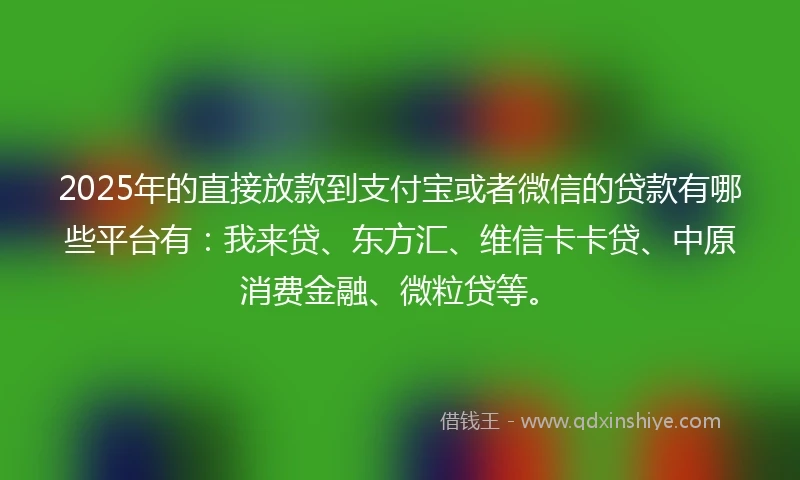 2025年的直接放款到支付宝或者微信的贷款有哪些平台有：我来贷、东方汇、维信卡卡贷、中原消费金融、微粒贷等。
