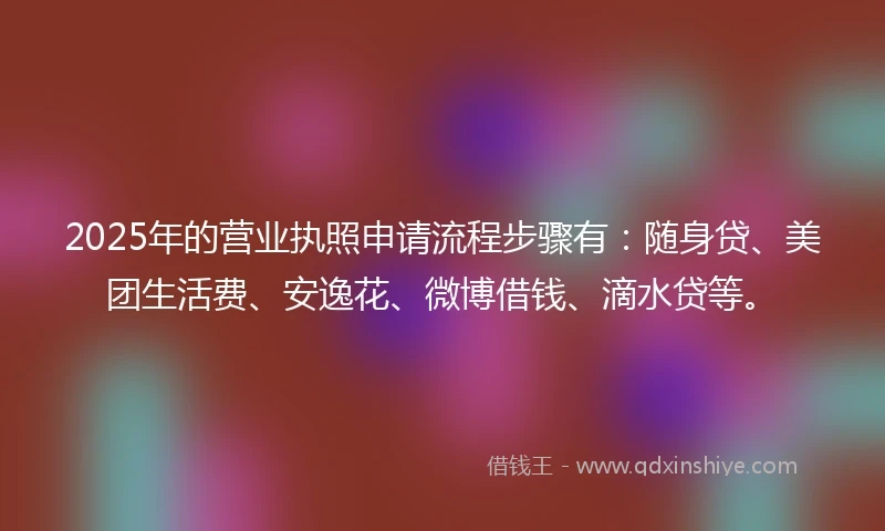 2025年的营业执照申请流程步骤有:随身贷、美团生活费、安逸花、微博借钱、滴水贷等。