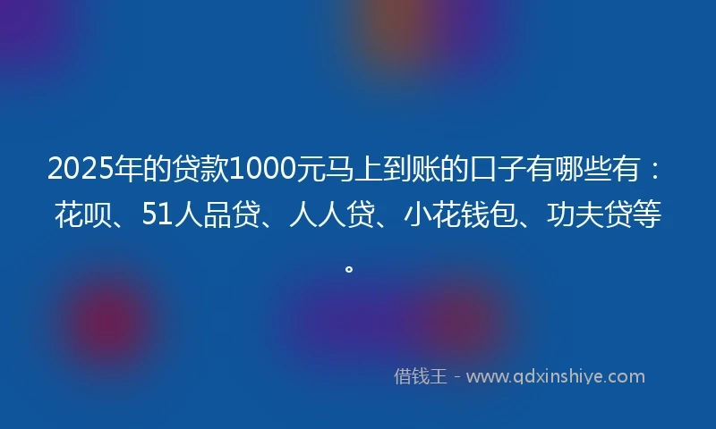 2025年的贷款1000元马上到账的口子有哪些有：花呗、51人品贷、人人贷、小花钱包、功夫贷等。