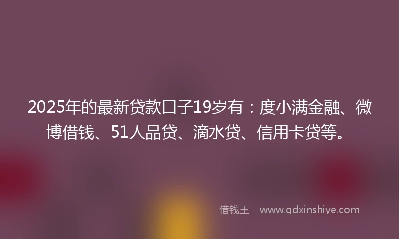 2025年的最新贷款口子19岁有：度小满金融、微博借钱、51人品贷、滴水贷、信用卡贷等。