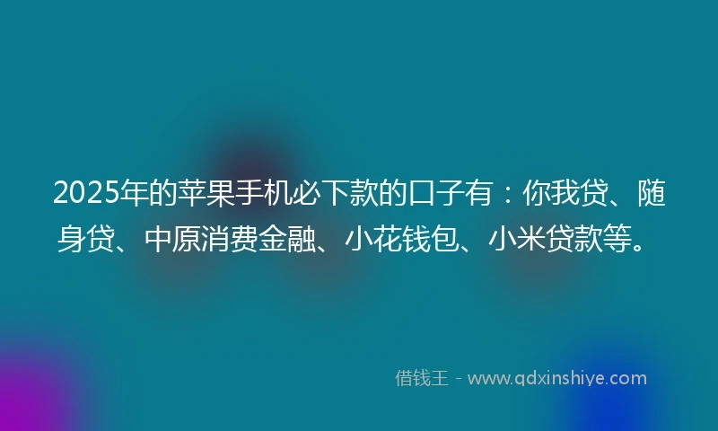 2025年的苹果手机必下款的口子有：你我贷、随身贷、中原消费金融、小花钱包、小米贷款等。
