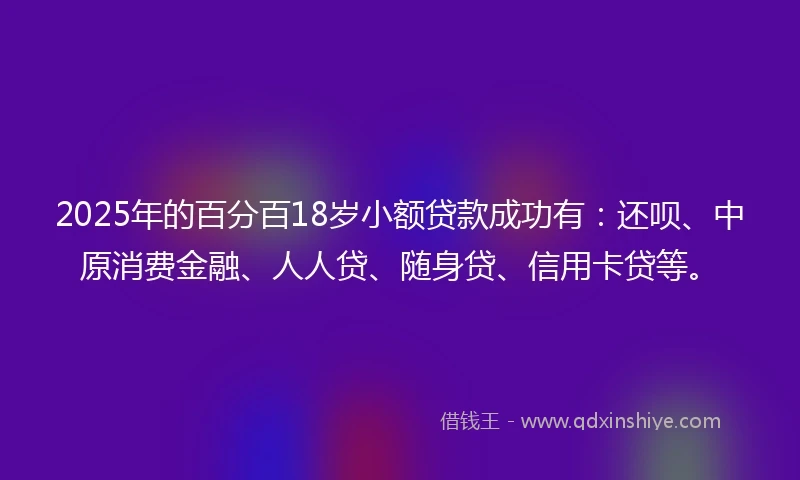 2025年的百分百18岁小额贷款成功有：还呗、中原消费金融、人人贷、随身贷、信用卡贷等。