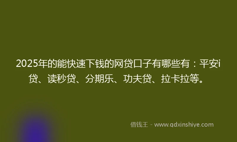 2025年的能快速下钱的网贷口子有哪些有：平安i贷、读秒贷、分期乐、功夫贷、拉卡拉等。