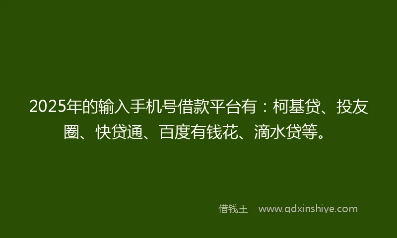 2025年的输入手机号借款平台有：柯基贷、投友圈、快贷通、百度有钱花、滴水贷等。