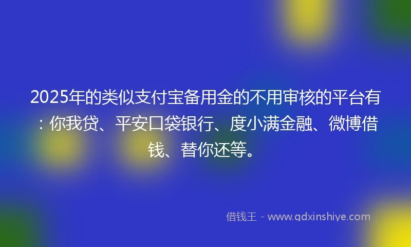 2025年的类似支付宝备用金的不用审核的平台有：你我贷、平安口袋银行、度小满金融、微博借钱、替你还等。