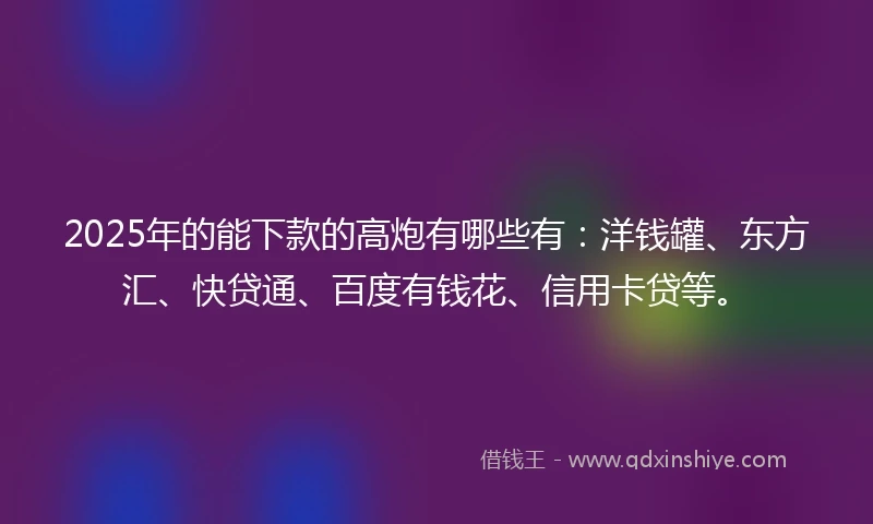 2025年的能下款的高炮有哪些有：洋钱罐、东方汇、快贷通、百度有钱花、信用卡贷等。