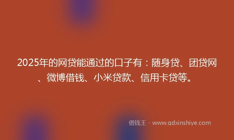 2025年的网贷能通过的口子有：随身贷、团贷网、微博借钱、小米贷款、信用卡贷等。