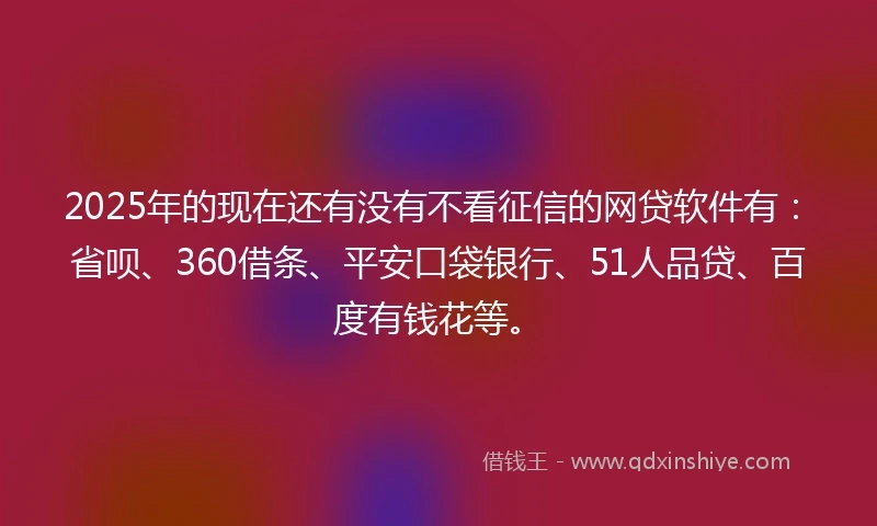 2025年的现在还有没有不看征信的网贷软件有：省呗、360借条、平安口袋银行、51人品贷、百度有钱花等。