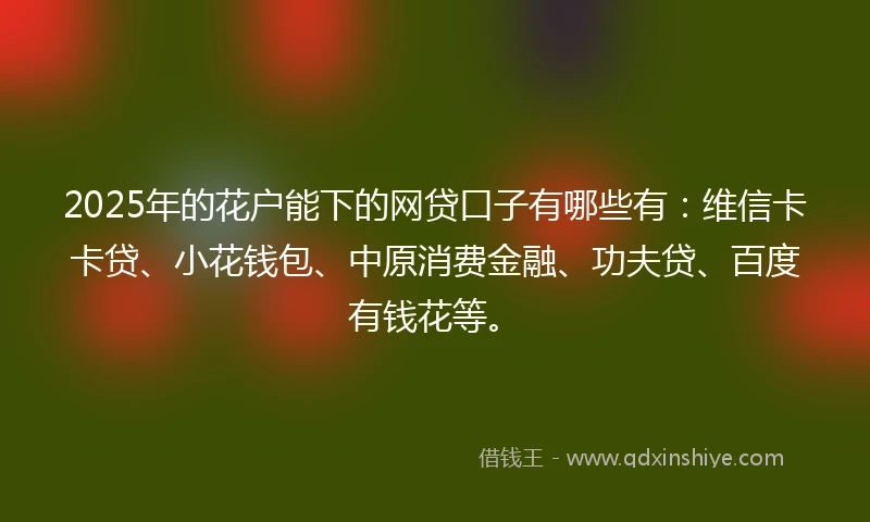 2025年的花户能下的网贷口子有哪些有:维信卡卡贷、小花钱包、中原消费金融、功夫贷、百度有钱花等。