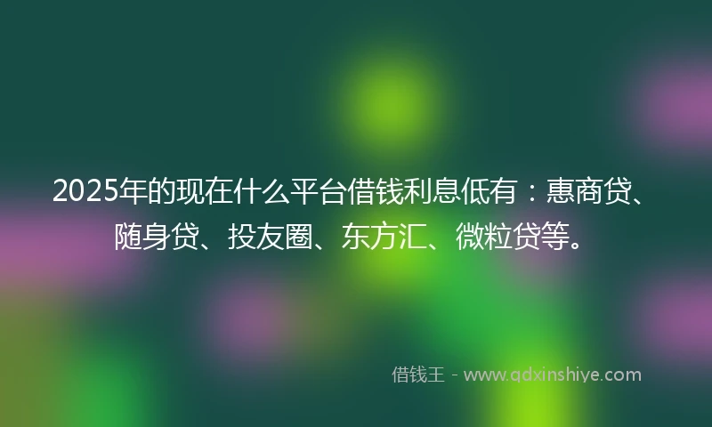 2025年的现在什么平台借钱利息低有：惠商贷、随身贷、投友圈、东方汇、微粒贷等。