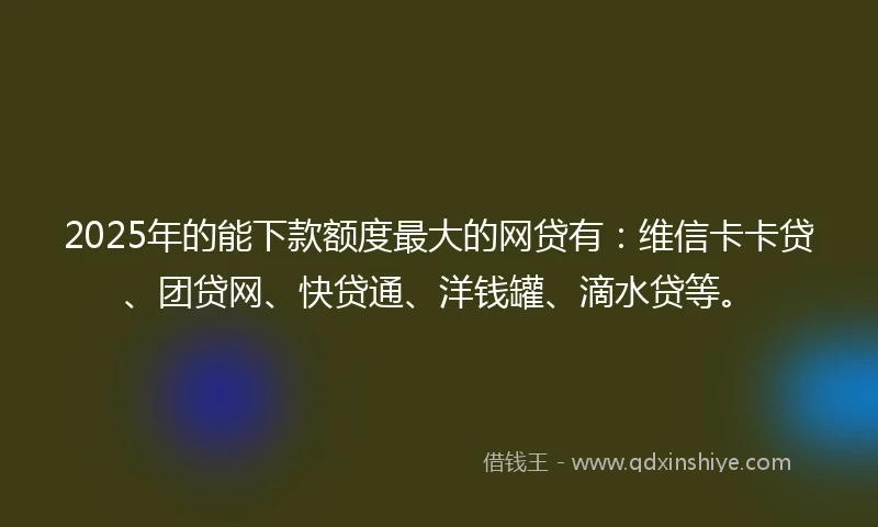 2025年的能下款额度最大的网贷有：维信卡卡贷、团贷网、快贷通、洋钱罐、滴水贷等。