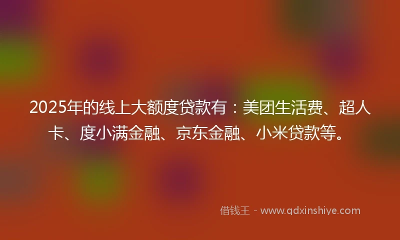 2025年的线上大额度贷款有：美团生活费、超人卡、度小满金融、京东金融、小米贷款等。