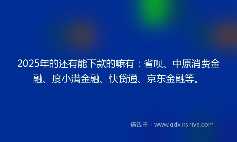 2025年的还有能下款的嘛有：省呗、中原消费金融、度小满金融、快贷通、京东金融等。