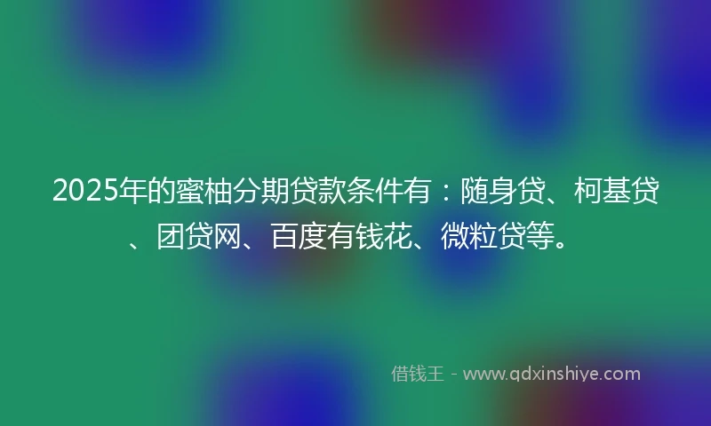 2025年的蜜柚分期贷款条件有:随身贷、柯基贷、团贷网、百度有钱花、微粒贷等。