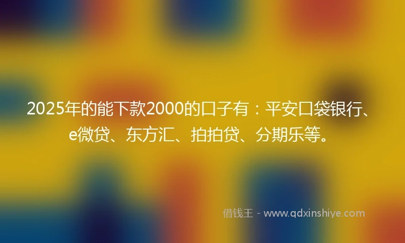 2025年的能下款2000的口子有：平安口袋银行、e微贷、东方汇、拍拍贷、分期乐等。