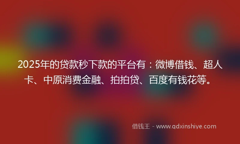 2025年的贷款秒下款的平台有：微博借钱、超人卡、中原消费金融、拍拍贷、百度有钱花等。