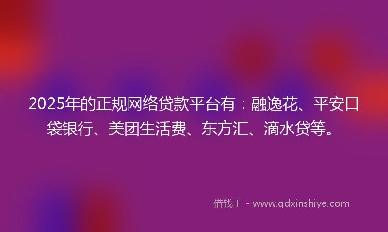 2025年的正规网络贷款平台有：融逸花、平安口袋银行、美团生活费、东方汇、滴水贷等。