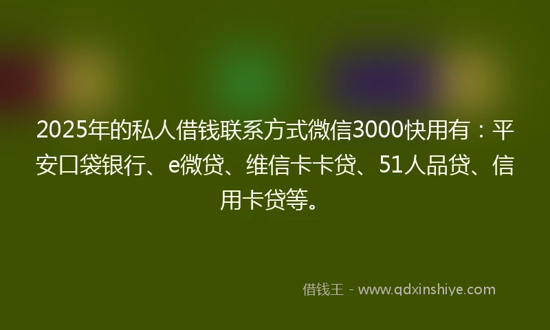 2025年的私人借钱联系方式微信3000快用有：平安口袋银行、e微贷、维信卡卡贷、51人品贷、信用卡贷等。