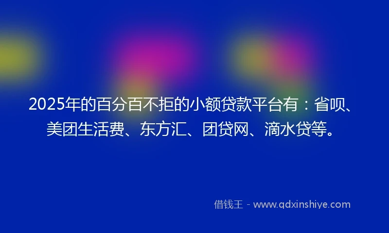 2025年的百分百不拒的小额贷款平台有：省呗、美团生活费、东方汇、团贷网、滴水贷等。