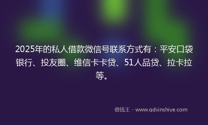 2025年的私人借款微信号联系方式有：平安口袋银行、投友圈、维信卡卡贷、51人品贷、拉卡拉等。