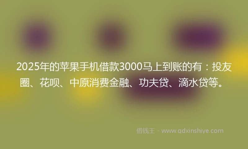 2025年的苹果手机借款3000马上到账的有：投友圈、花呗、中原消费金融、功夫贷、滴水贷等。