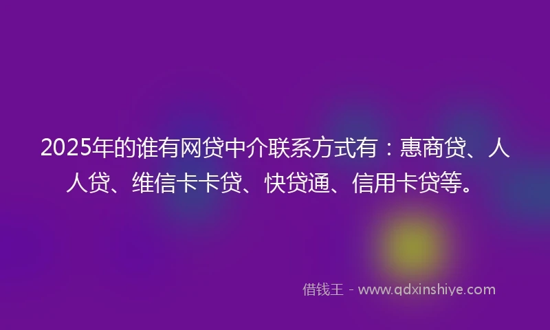2025年的谁有网贷中介联系方式有：惠商贷、人人贷、维信卡卡贷、快贷通、信用卡贷等。