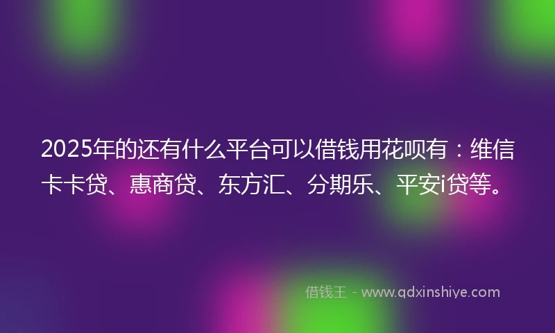 2025年的还有什么平台可以借钱用花呗有:维信卡卡贷、惠商贷、东方汇、分期乐、平安i贷等。